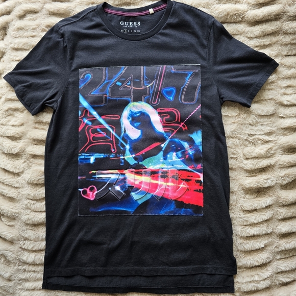 GUESS T-shirt Men's Small Black Tokyo Neon Light Graphic Print Embossed Letters - Picture 3 of 10
